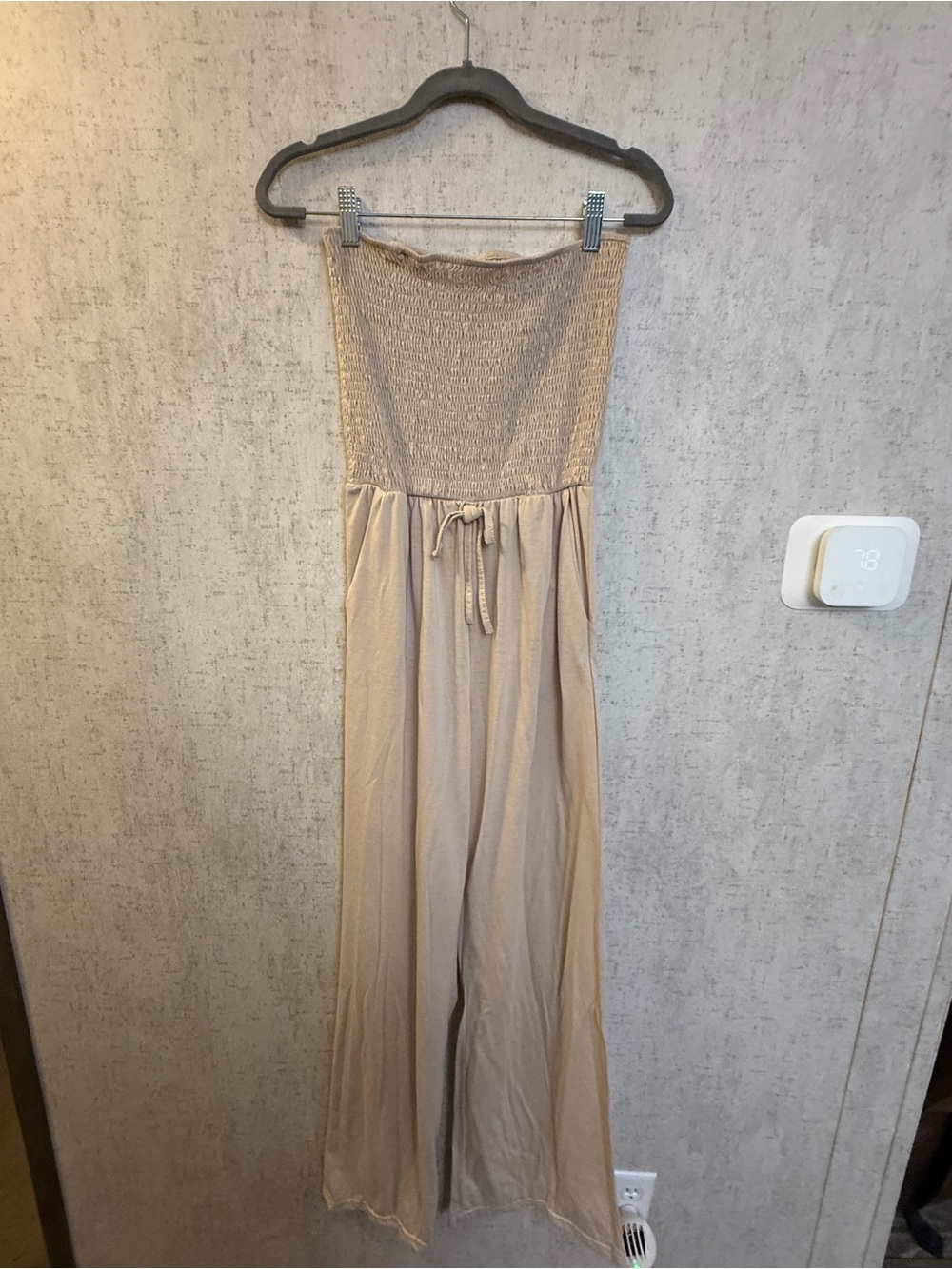 Strapless Smocked Wide-Leg Jumpsuit in Beige